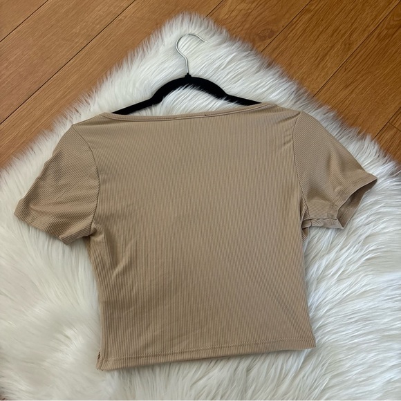 Lulus Ribbed Tan Wrap Top Size Small - Picture 4 of 5